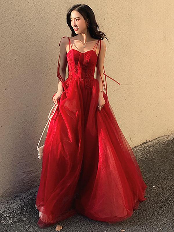 Red elegant spaghetti straps delicate floral beading long tulle formal prom dress evening gown with back corset gh2550