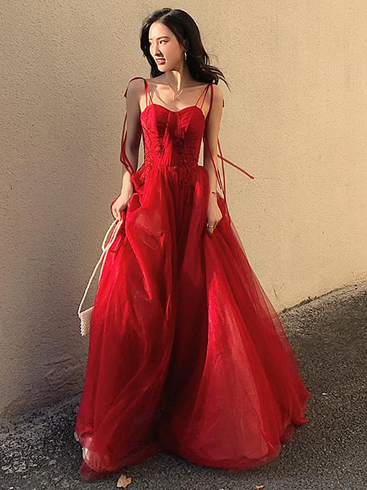 Elegantes rotes Spaghettiträgerkleid mit zarten Blumenperlen und langem Tüll, formelles Ballkleid, Abendkleid mit Rückenkorsett gh2550