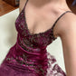 girlhomeshops-Burgundy Satin Lace Paneled Spaghetti Straps High-Low Midi Dress with Beading and Sequins gh6308