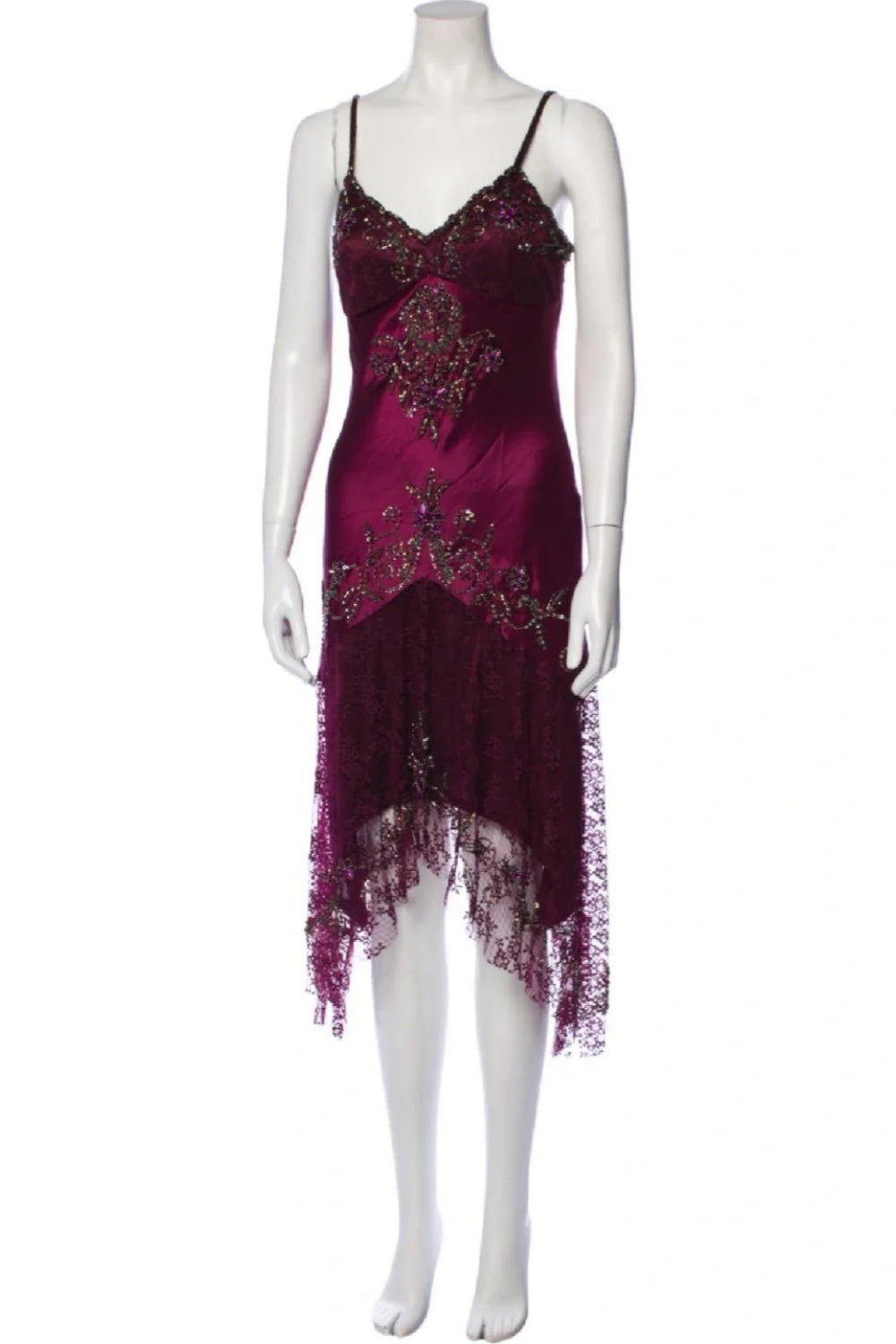 girlhomeshops-Burgundy Satin Lace Paneled Spaghetti Straps High-Low Midi Dress with Beading and Sequins gh6308