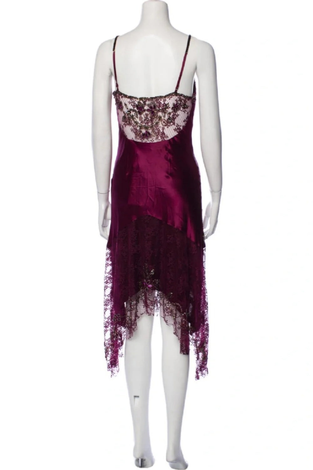 girlhomeshops-Burgundy Satin Lace Paneled Spaghetti Straps High-Low Midi Dress with Beading and Sequins gh6308