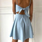 Blue fashion simple bow sleeveless short spaghetti strap A-line short satin mini homecoming dress evening gown gh808
