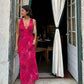 Pink Fashion Elegant Charming V Neck Floral Print Long Satin Ball Gown Evening Dress Holiday Party Dress gh3485