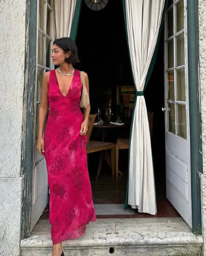 Pink Fashion Elegant Charming V Neck Floral Print Long Satin Ball Gown Evening Dress Holiday Party Dress gh3485