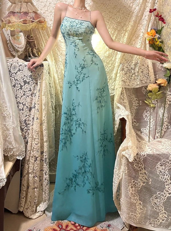 Blue exquisite beading vintage fashion floral long satin ball gown evening dress gh4434