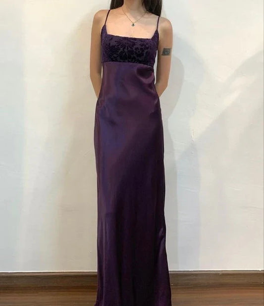 Robe de soirée longue en satin violet, élégante, vintage, à fleurs, bretelles spaghetti, pour fête d'anniversaire, bal, gh3930