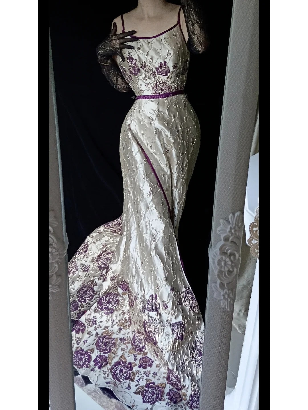 White Purple Floral Vintage Elegant Long Satin Fairy Mermaid Slim Ball Gown Evening Dress Party Dress gh4714
