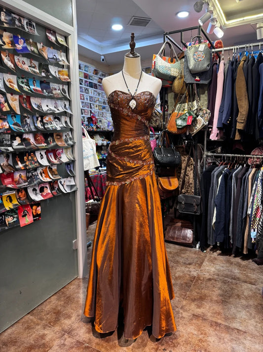 Robe de soirée longue, élégante et raffinée, style rétro, avec perles dorées et bronze, gh4215