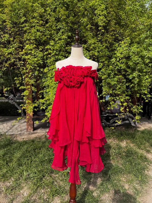 Robe de soirée longue en mousseline de soie, élégante et délicate, style vintage, rouge, superbe, à fleurs, pour bal de fin d'année, anniversaire, gh4145