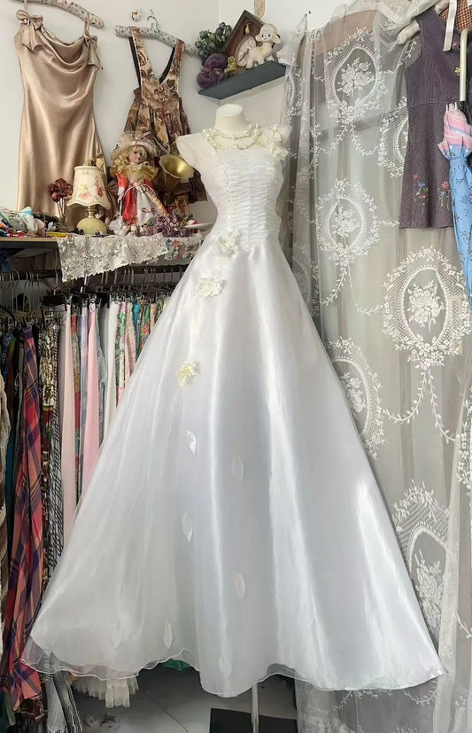 Vintage Princess Style Satin & Tulle Floor-Length 3D Flower Pearl Embellished Sleeveless Gown - Elegant Dress for Light Wedding, Engagement Banquet & Ball gh6492