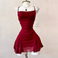 Glam Burgundy Style Spaghetti Strap Mini Dress | Cross Open-Back Ruched Mermaid Skirt for Party Date Luxury Outfit gh6442