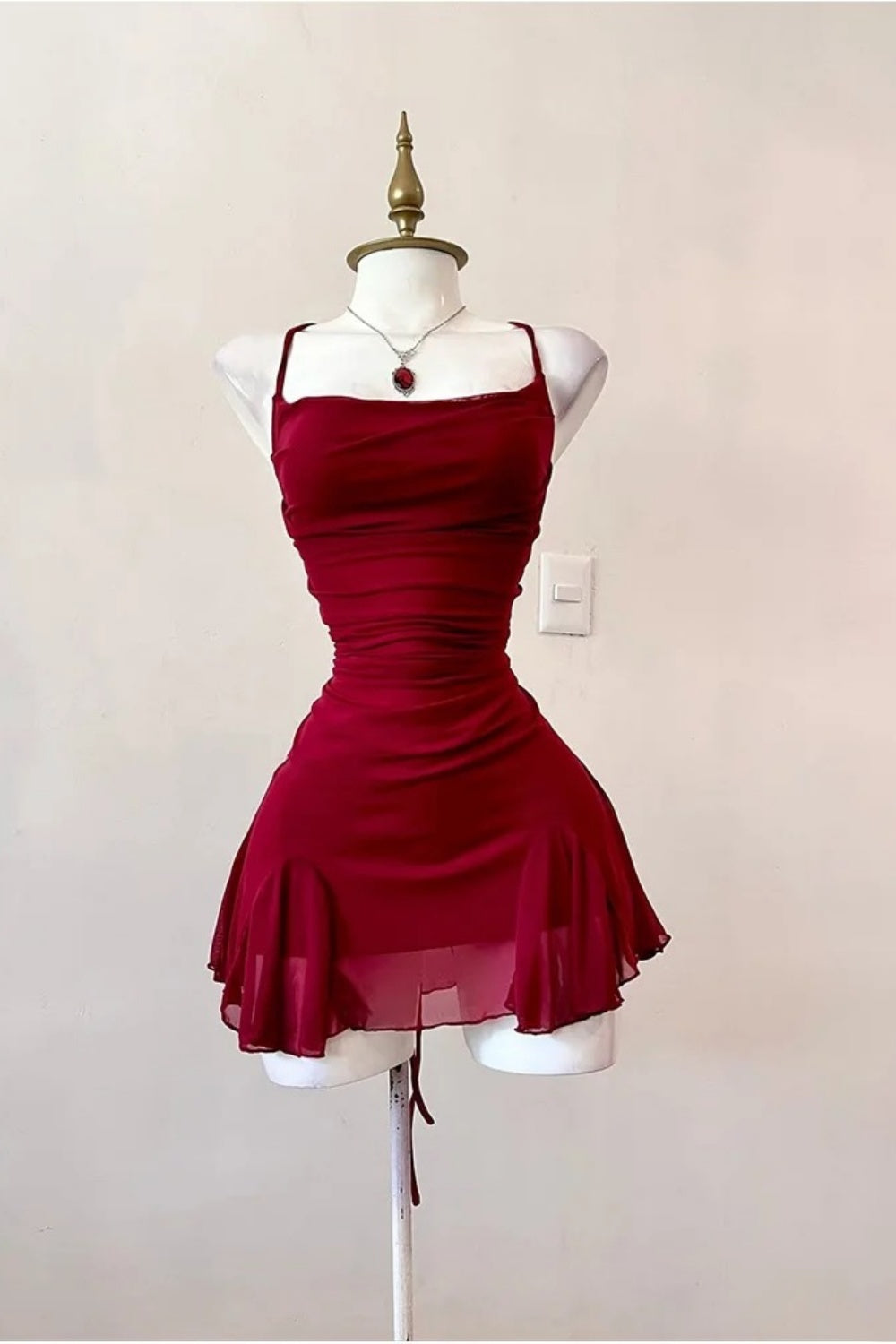 Glam Burgundy Style Spaghetti Strap Mini Dress | Cross Open-Back Ruched Mermaid Skirt for Party Date Luxury Outfit gh6442