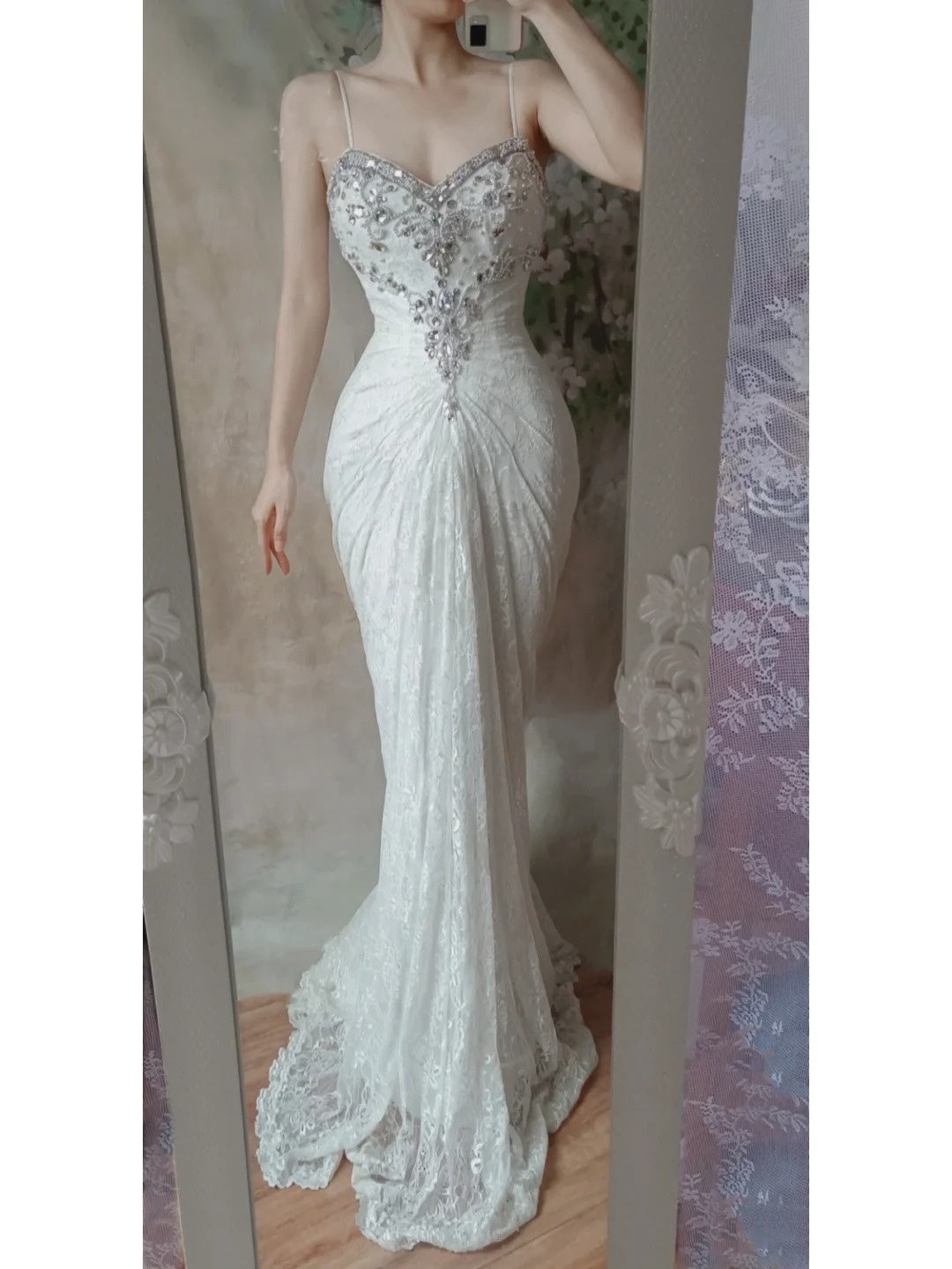 Robe de soirée sirène longue en tulle et dentelle blanche perlée, coupe slim, gh4704