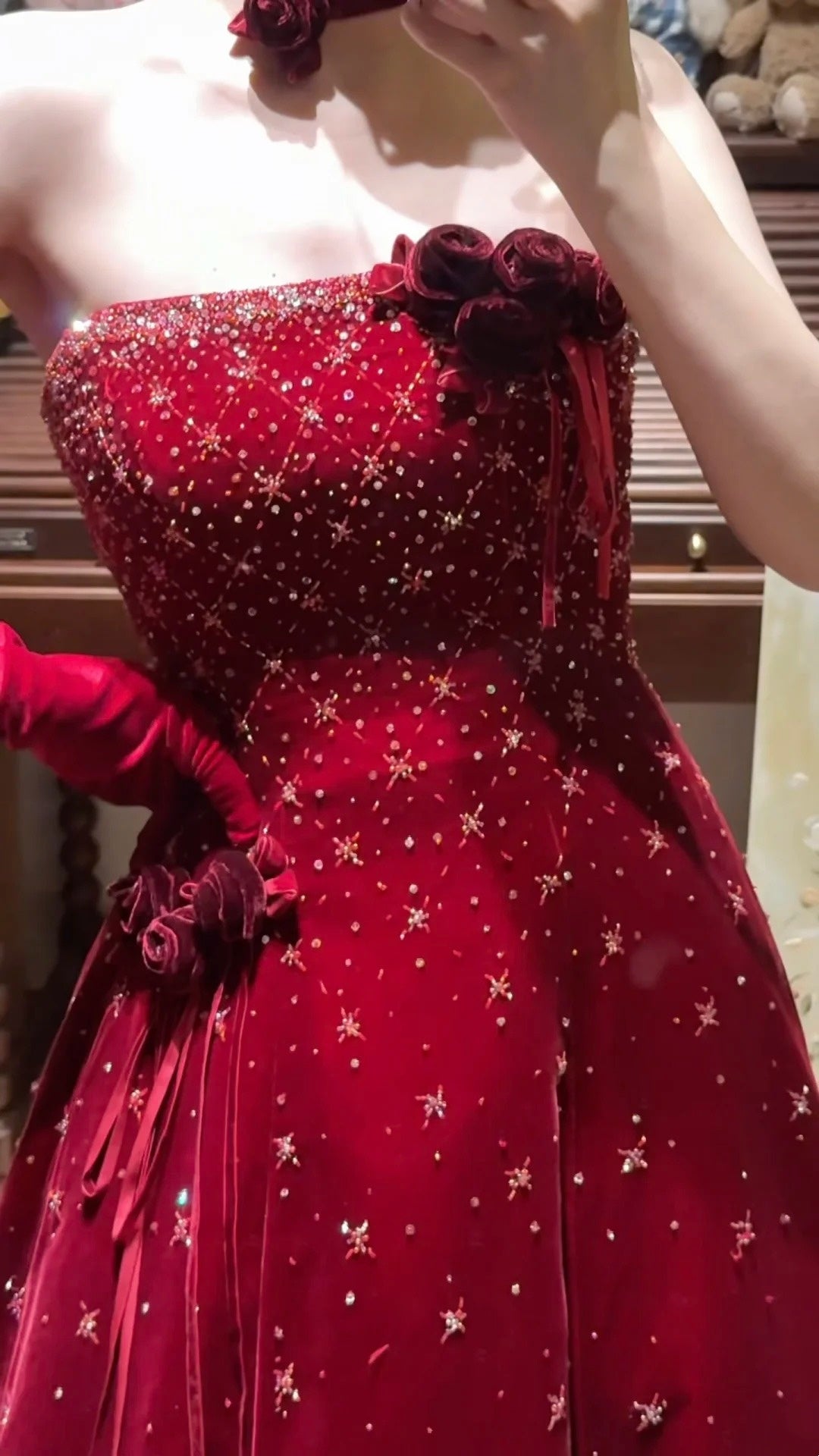 Girlhomeshops - Robe de soirée longue en velours bordeaux, exquise et perlée, tenue de bal, de remise de diplôme, gh5974