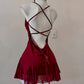 Glam Burgundy Style Spaghetti Strap Mini Dress | Cross Open-Back Ruched Mermaid Skirt for Party Date Luxury Outfit gh6442