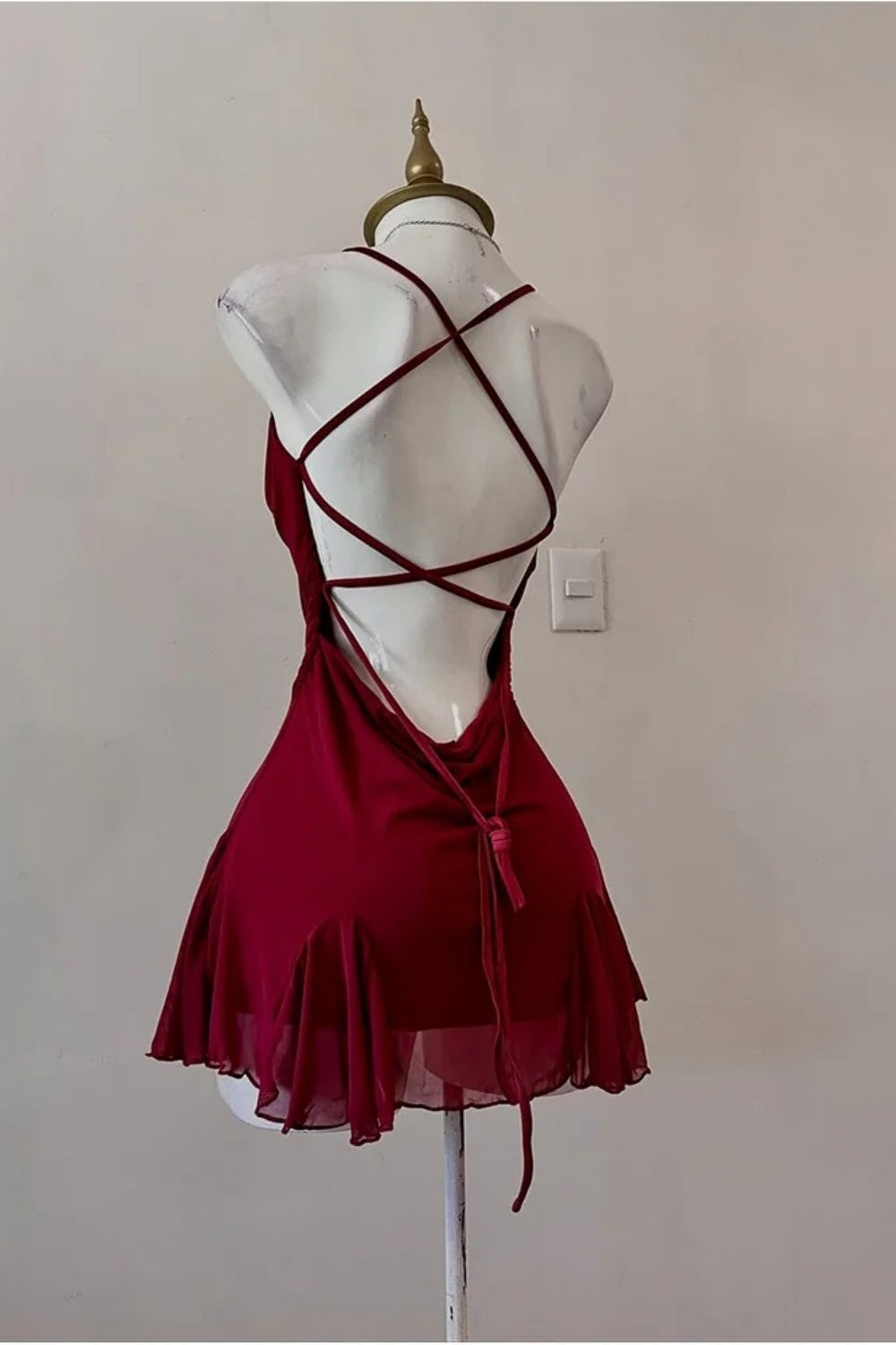 Glam Burgundy Style Spaghetti Strap Mini Dress | Cross Open-Back Ruched Mermaid Skirt for Party Date Luxury Outfit gh6442