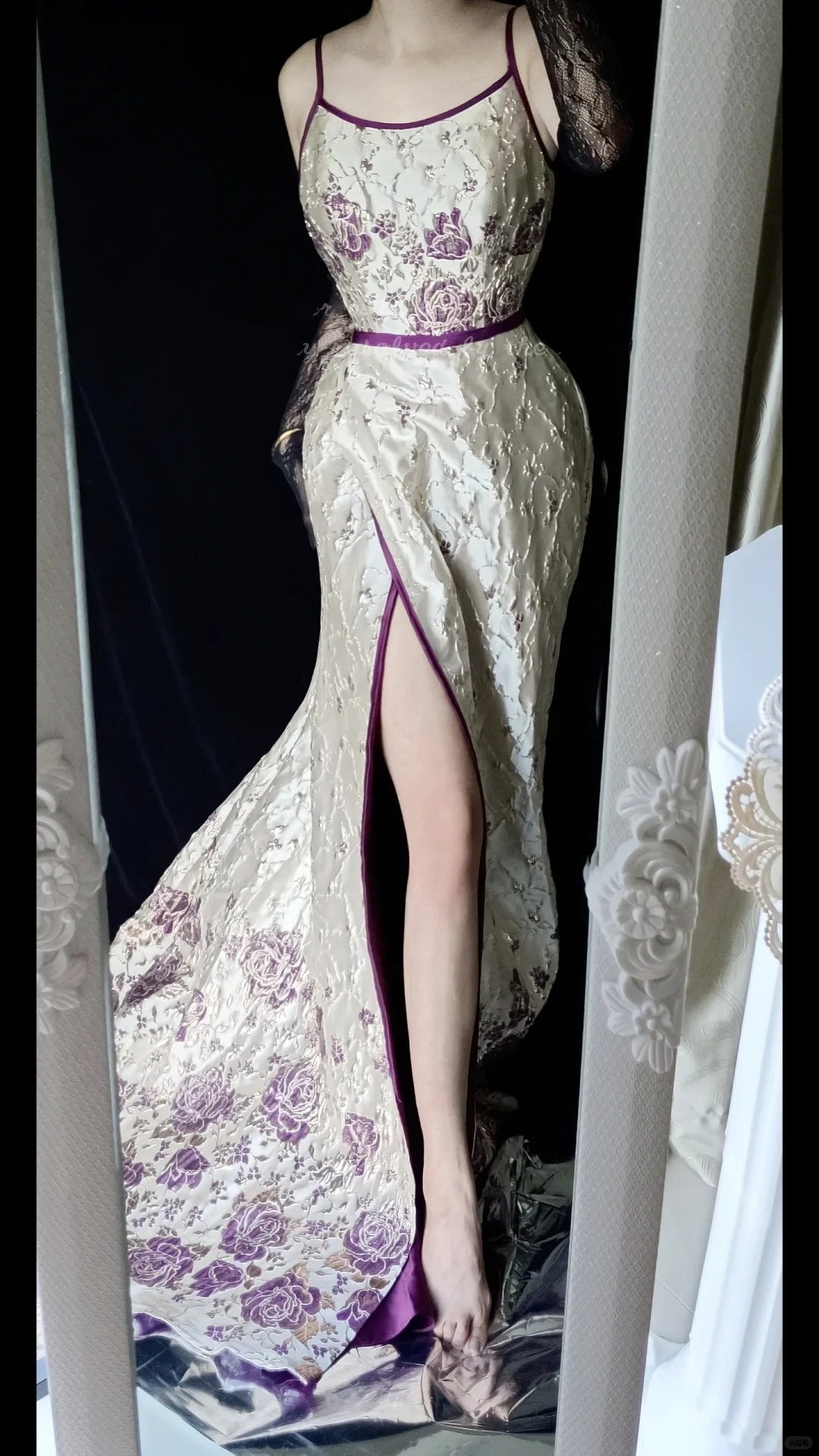 White Purple Floral Vintage Elegant Long Satin Fairy Mermaid Slim Ball Gown Evening Dress Party Dress gh4714