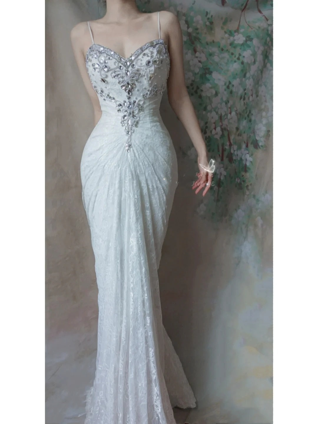 Robe de soirée sirène longue en tulle et dentelle blanche perlée, coupe slim, gh4704