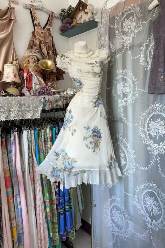 Robe de style champêtre vintage en tulle imprimé, longueur genou, ornée de perles, manches courtes et taille cintrée - Robe élégante pour un thé de l'après-midi, un rendez-vous et une petite fête gh6493