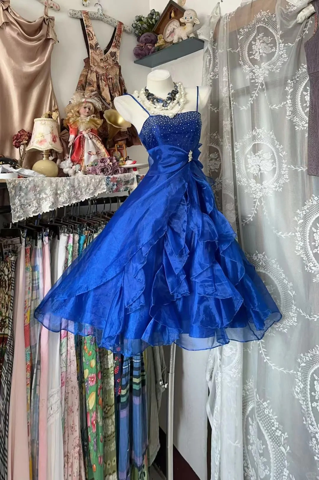 Royal Blue Style Spaghetti Strap Mini Dress | Beaded Multi-Layer Ruffled Puff Skirt for Ball Party Luxury Social Outfit gh6443