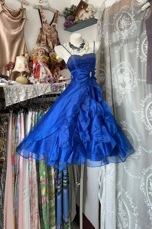 Royal Blue Style Spaghetti Strap Mini Dress | Beaded Multi-Layer Ruffled Puff Skirt for Ball Party Luxury Social Outfit gh6443