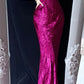 Dark Pink Vintage Floral Elegant Long Lace Neckline Satin Mermaid Fitted Ball Gown Evening Gown Party Dress gh4711
