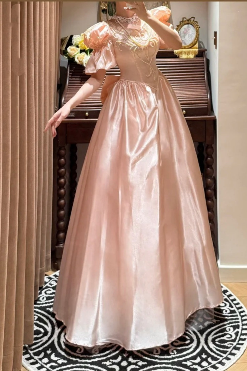 girlhomeshops-Rosa Exquisite Perlen Lange Satin Prinzessin Formale Ballkleid Abschlussballkleid Abendkleid gh5975