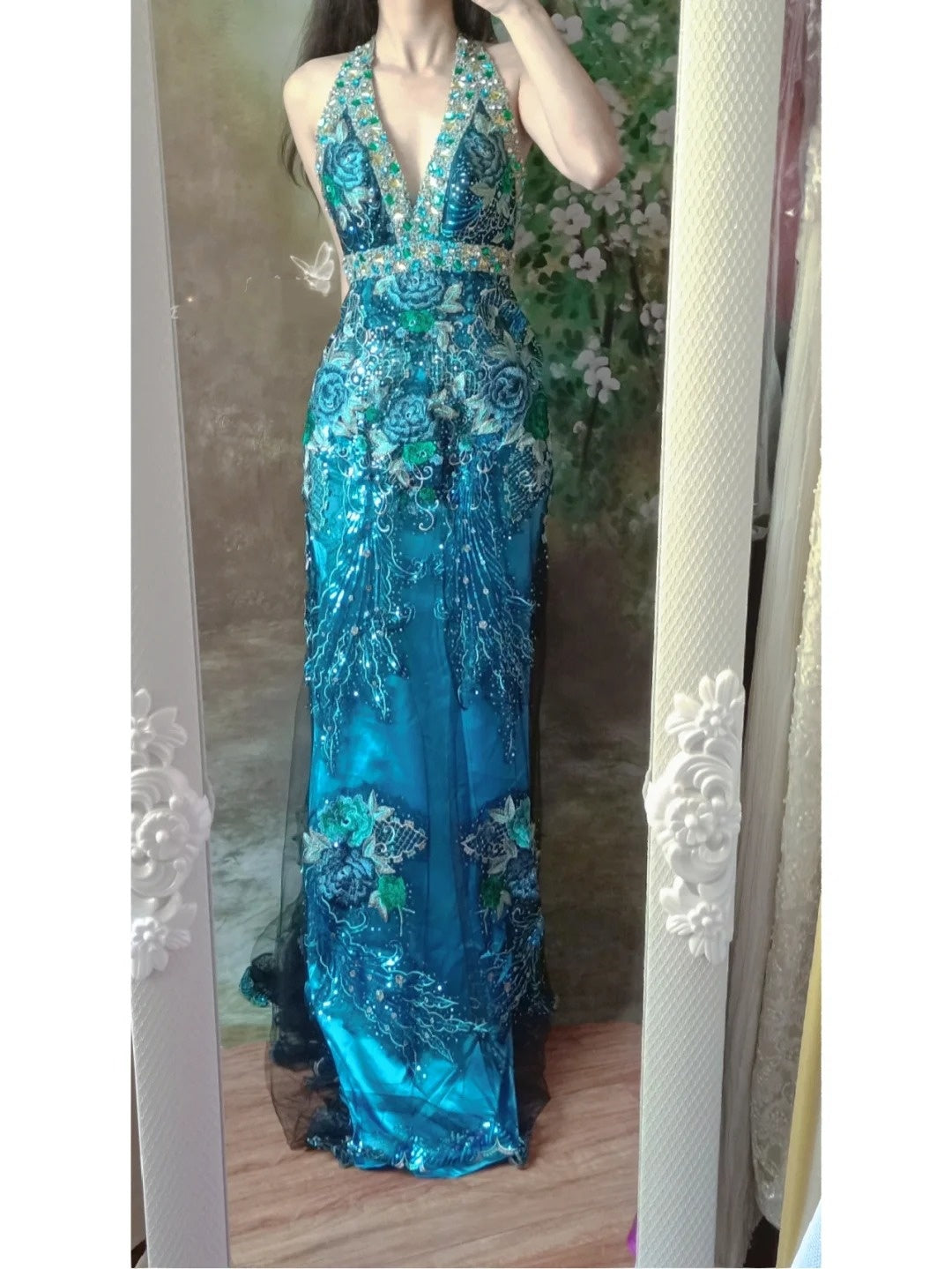 Blue gorgeous luxury beaded long tulle mermaid slim ball gown evening dress party dress gh4705