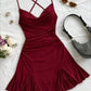 Glam Burgundy Style Spaghetti Strap Mini Dress | Cross Open-Back Ruched Mermaid Skirt for Party Date Luxury Outfit gh6442