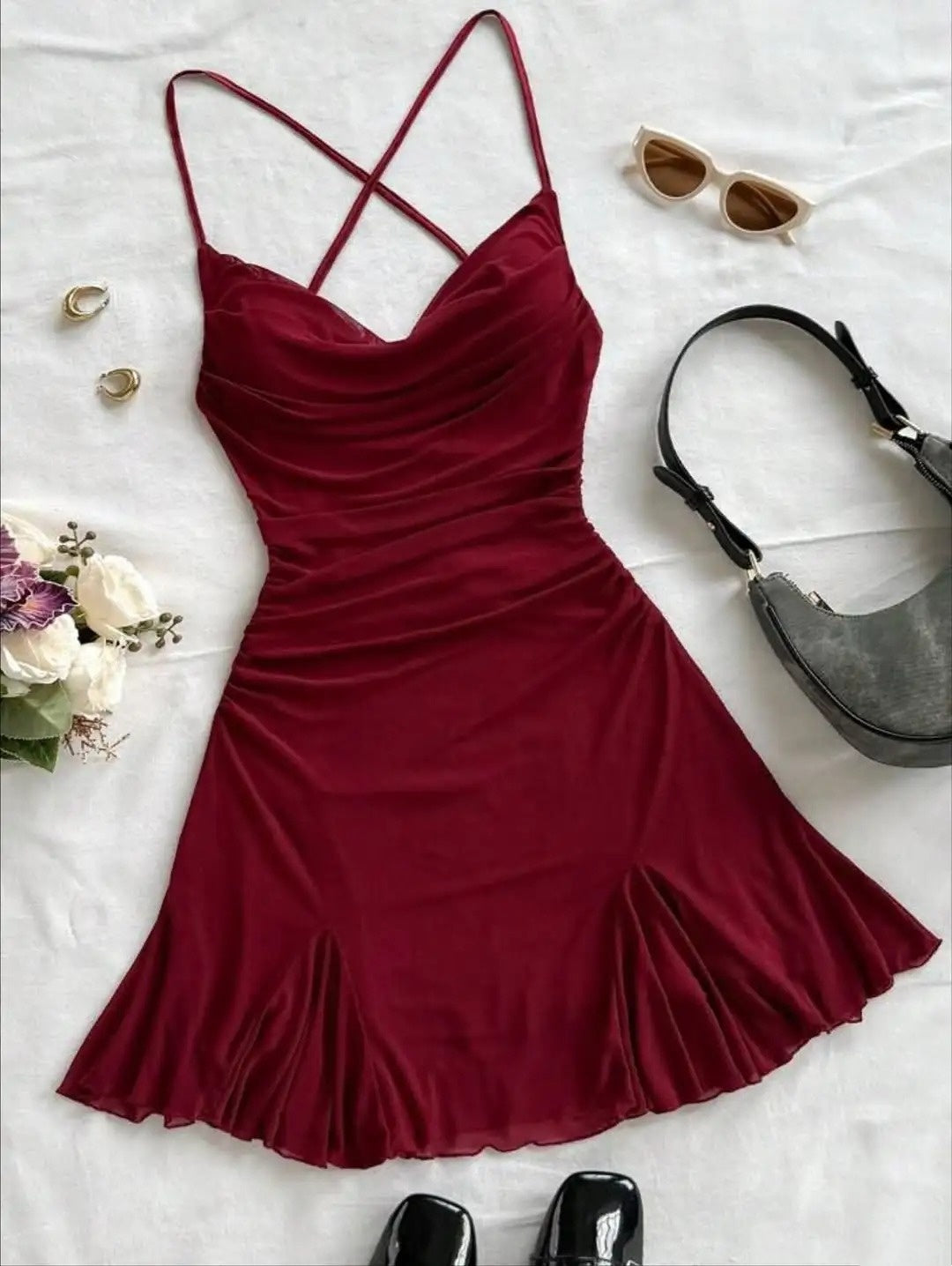 Glam Burgundy Style Spaghetti Strap Mini Dress | Cross Open-Back Ruched Mermaid Skirt for Party Date Luxury Outfit gh6442