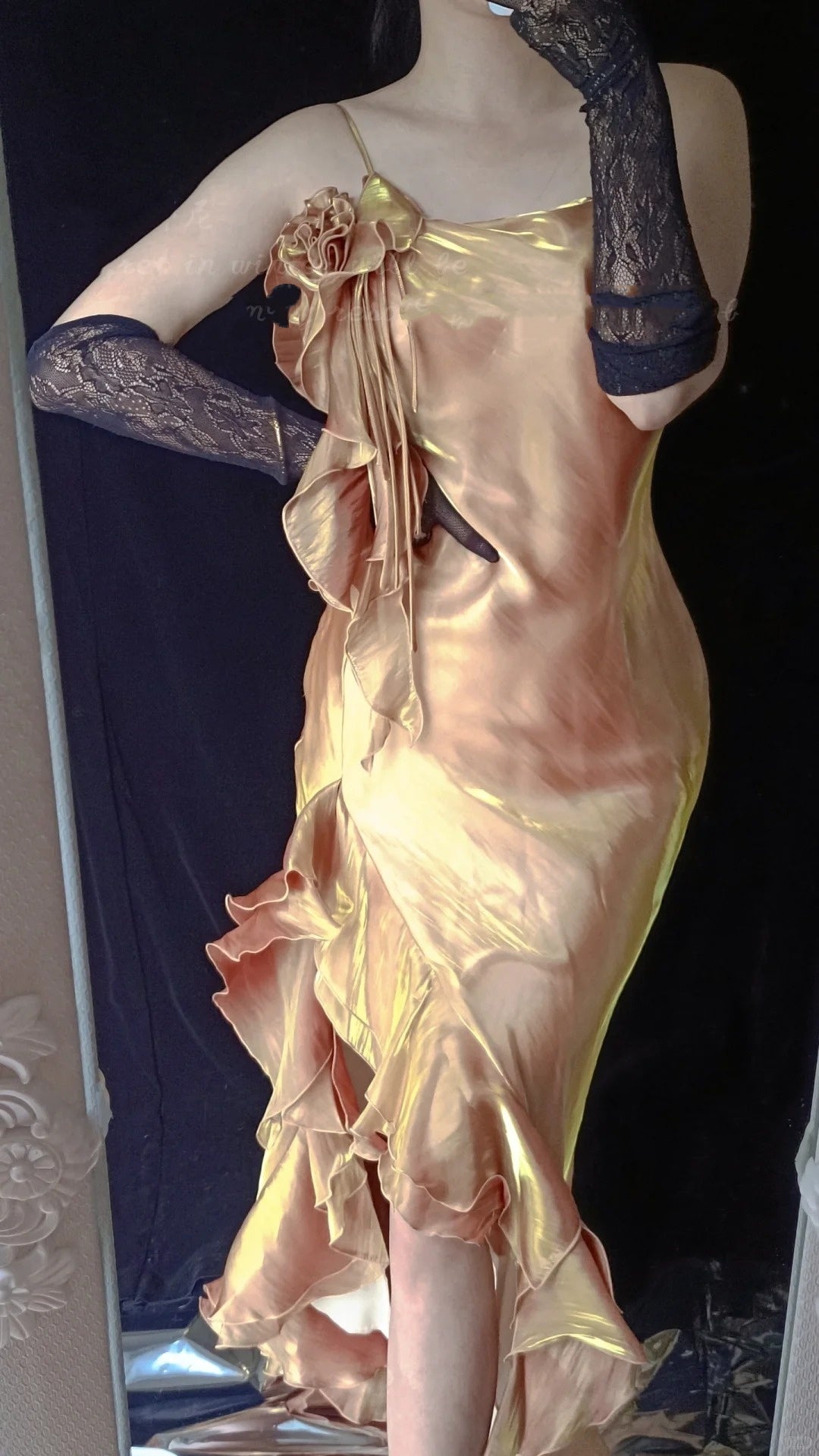 Gold Shiny Vintage Elegant Long Satin Fairy Mermaid Slim Ball Gown Evening Dress Party Dress gh4713