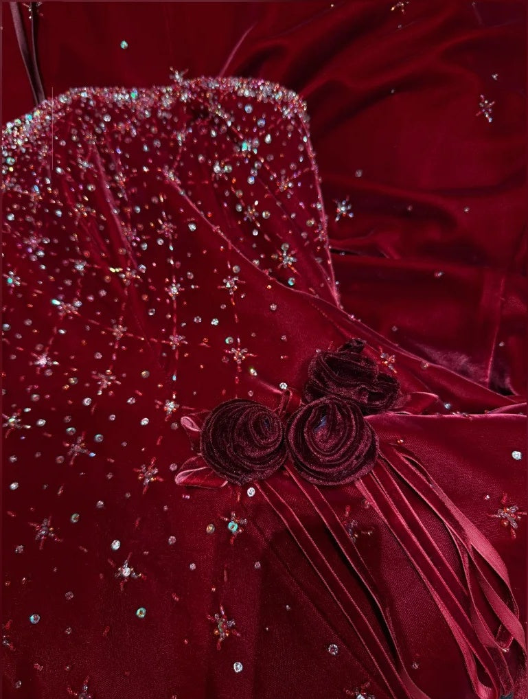 Girlhomeshops - Robe de soirée longue en velours bordeaux, exquise et perlée, tenue de bal, de remise de diplôme, gh5974