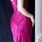Dark Pink Vintage Floral Elegant Long Lace Neckline Satin Mermaid Fitted Ball Gown Evening Gown Party Dress gh4711