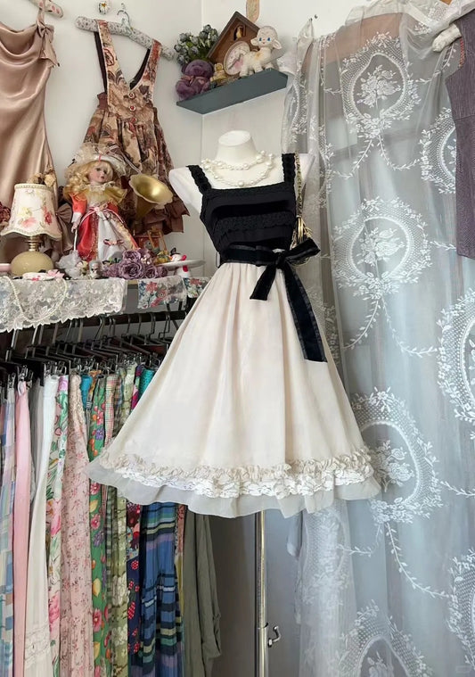 Vintage Sweet Black-White Set Dress | Velvet Lace Contrast Puff Skirt, Afternoon Tea Party Gift Outfit for Girls gh6444
