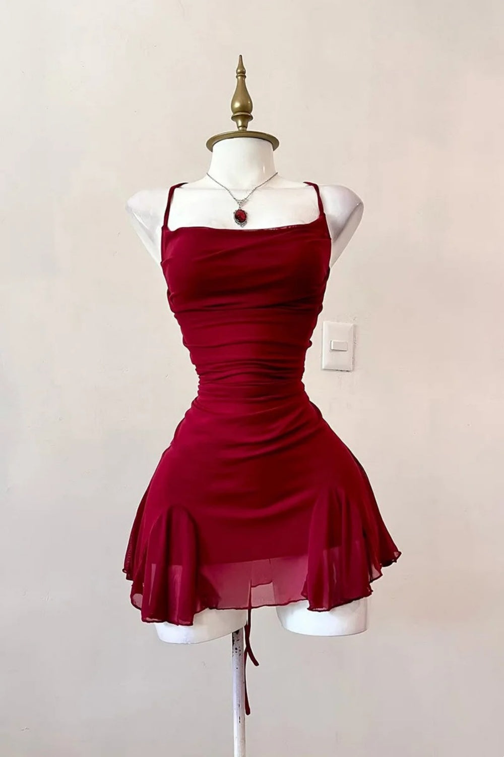 Glam Burgundy Style Spaghetti Strap Mini Dress | Cross Open-Back Ruched Mermaid Skirt for Party Date Luxury Outfit gh6442