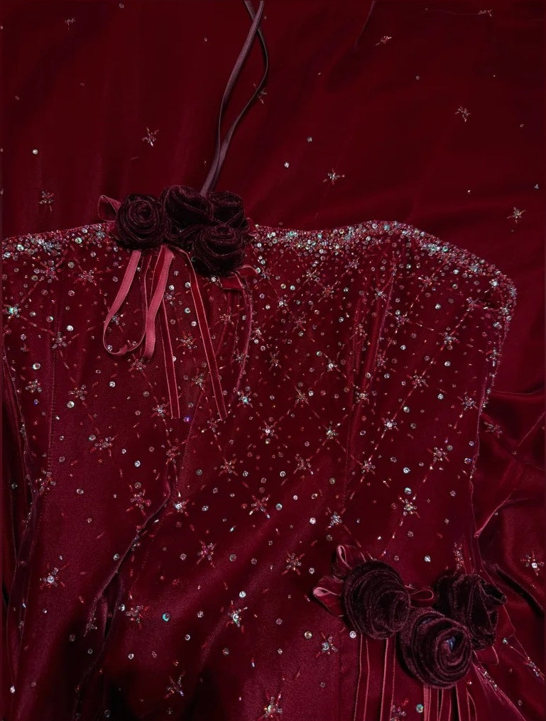 Girlhomeshops - Robe de soirée longue en velours bordeaux, exquise et perlée, tenue de bal, de remise de diplôme, gh5974