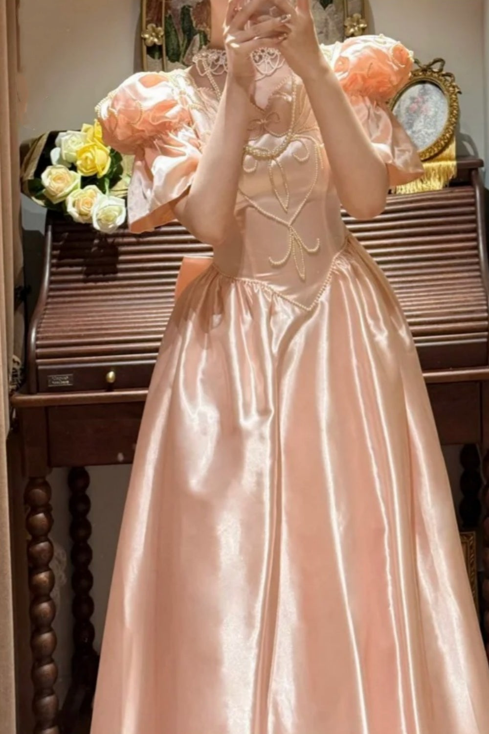 girlhomeshops-Rosa Exquisite Perlen Lange Satin Prinzessin Formale Ballkleid Abschlussballkleid Abendkleid gh5975