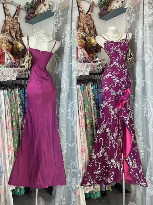 Retro floral dress purple long dress gh6784
