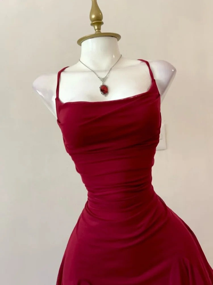 Glam Burgundy Style Spaghetti Strap Mini Dress | Cross Open-Back Ruched Mermaid Skirt for Party Date Luxury Outfit gh6442