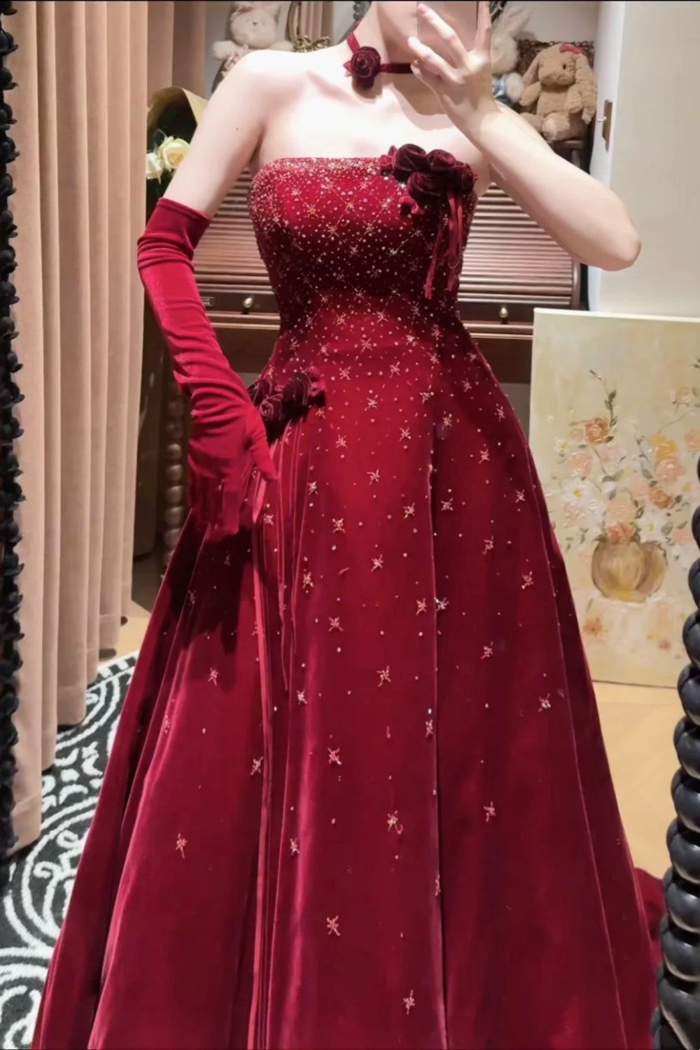 Girlhomeshops - Robe de soirée longue en velours bordeaux, exquise et perlée, tenue de bal, de remise de diplôme, gh5974