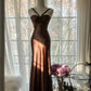 Robe de soirée sirène en satin marron vintage, sans bretelles, col en V, robe de bal, robe d'anniversaire, robe de bal, robe de mariée, gh4097