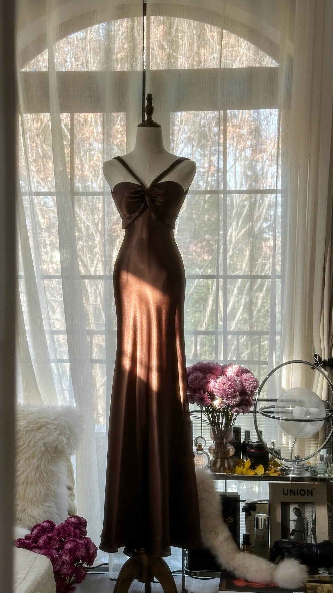 Robe de soirée sirène en satin marron vintage, sans bretelles, col en V, robe de bal, robe d'anniversaire, robe de bal, robe de mariée, gh4097