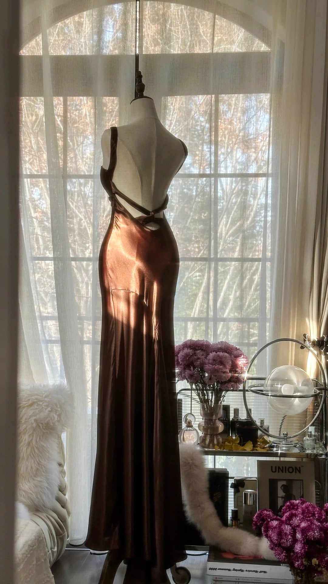 Robe de soirée sirène en satin marron vintage, sans bretelles, col en V, robe de bal, robe d'anniversaire, robe de bal, robe de mariée, gh4097