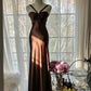 Robe de soirée sirène en satin marron vintage, sans bretelles, col en V, robe de bal, robe d'anniversaire, robe de bal, robe de mariée, gh4097