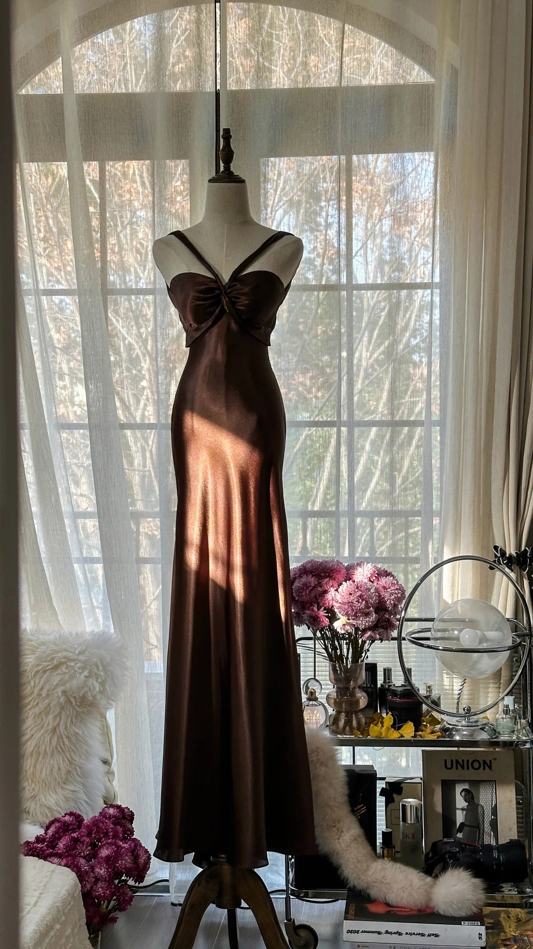 Robe de soirée sirène en satin marron vintage, sans bretelles, col en V, robe de bal, robe d'anniversaire, robe de bal, robe de mariée, gh4097