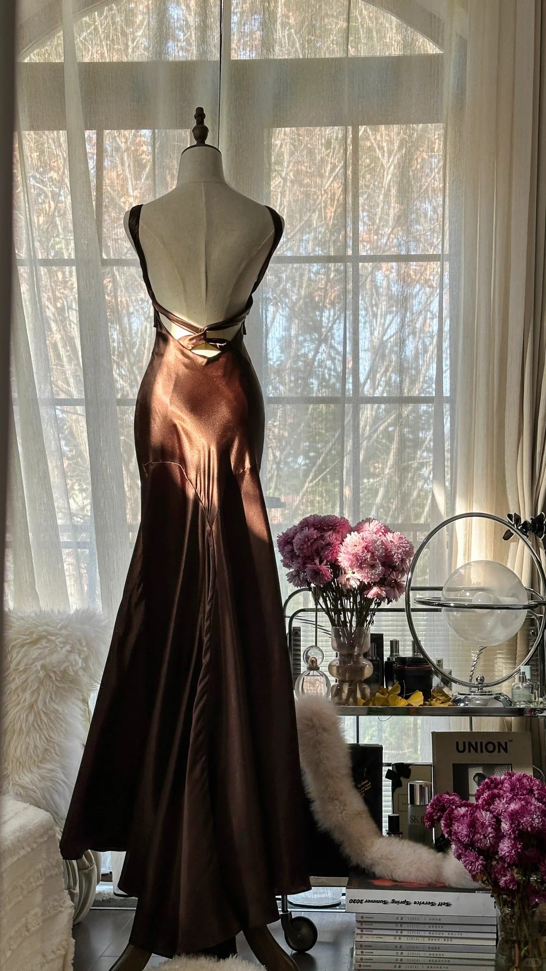 Robe de soirée sirène en satin marron vintage, sans bretelles, col en V, robe de bal, robe d'anniversaire, robe de bal, robe de mariée, gh4097