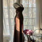 Robe de soirée sirène en satin marron vintage, sans bretelles, col en V, robe de bal, robe d'anniversaire, robe de bal, robe de mariée, gh4097