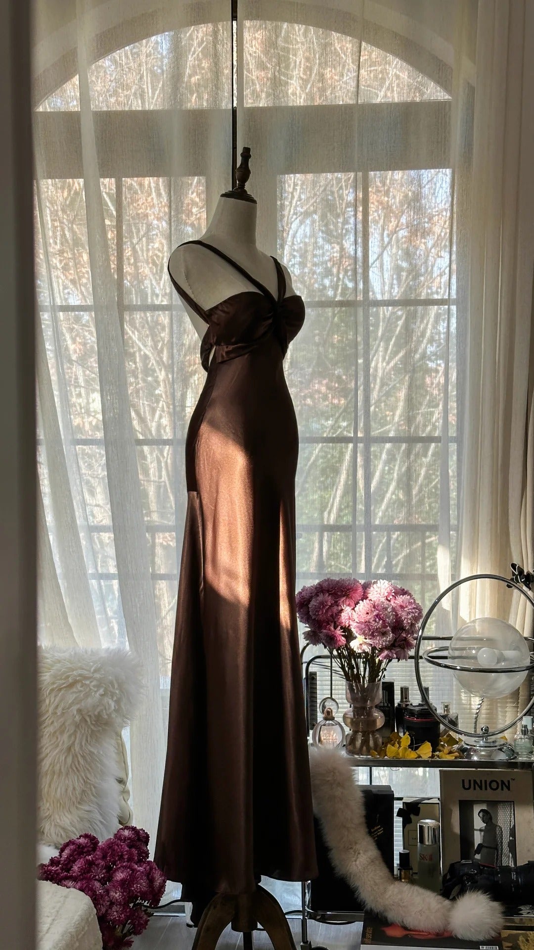 Robe de soirée sirène en satin marron vintage, sans bretelles, col en V, robe de bal, robe d'anniversaire, robe de bal, robe de mariée, gh4097