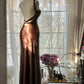 Robe de soirée sirène en satin marron vintage, sans bretelles, col en V, robe de bal, robe d'anniversaire, robe de bal, robe de mariée, gh4097