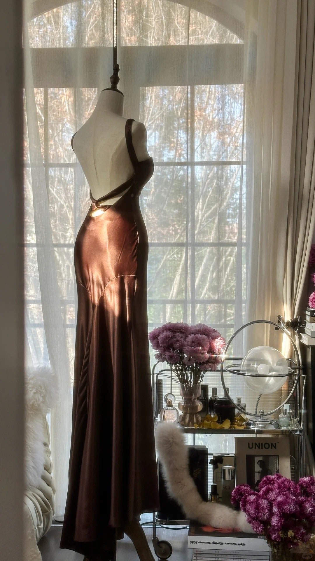 Robe de soirée sirène en satin marron vintage, sans bretelles, col en V, robe de bal, robe d'anniversaire, robe de bal, robe de mariée, gh4097